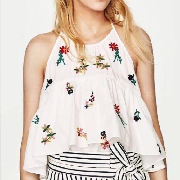 Zara Tops Zara White Floral Embroidered Tiered Tank Top Medium